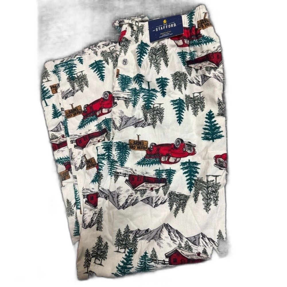 Stafford Mens or Momens  White Pajama Pants with Red Trucks & Green Trees